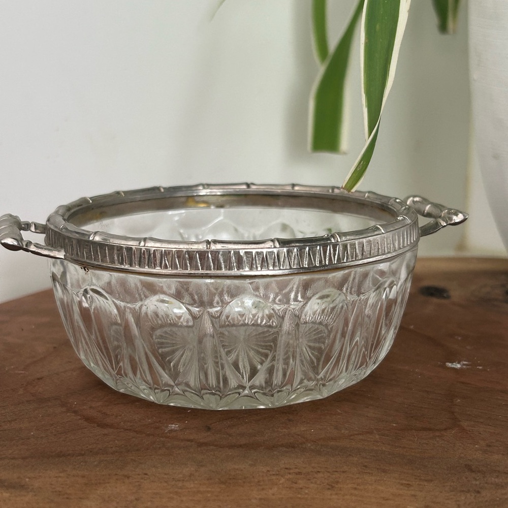 VTG Mid Century Reims France Cut Glass Crystal Bowl Silver Bamboo Like Border